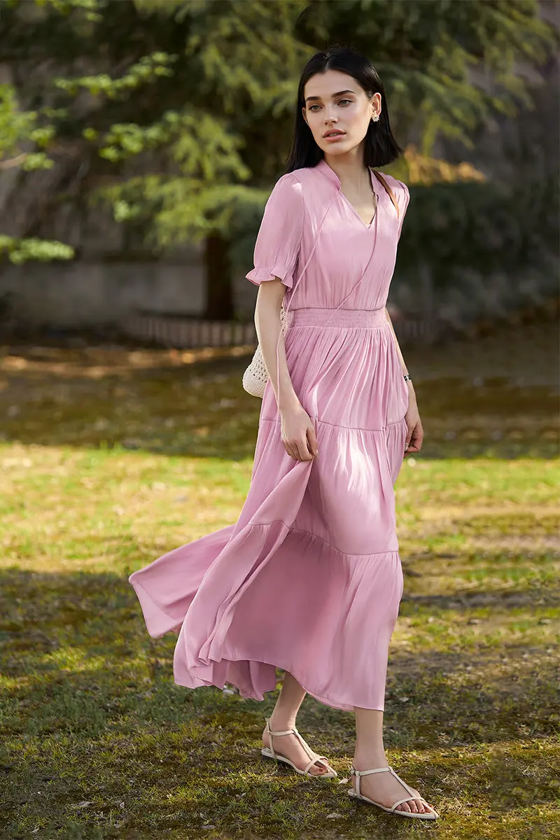 Pink Silky Tiered Puff-Sleeve Maxi Dress - HBQMJX