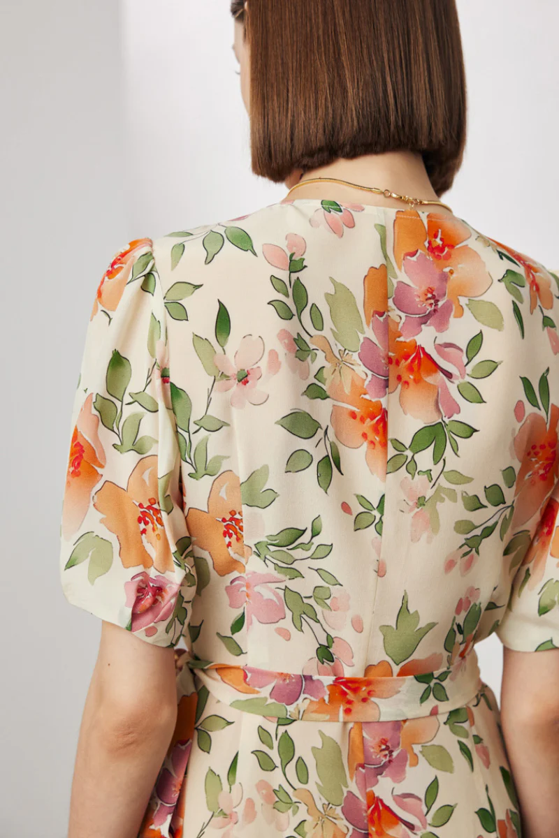 100 Mulberry Silk Floral Puff-Sleeve V-Neck Ruffle Wrap Midi Dress - HBQMJX