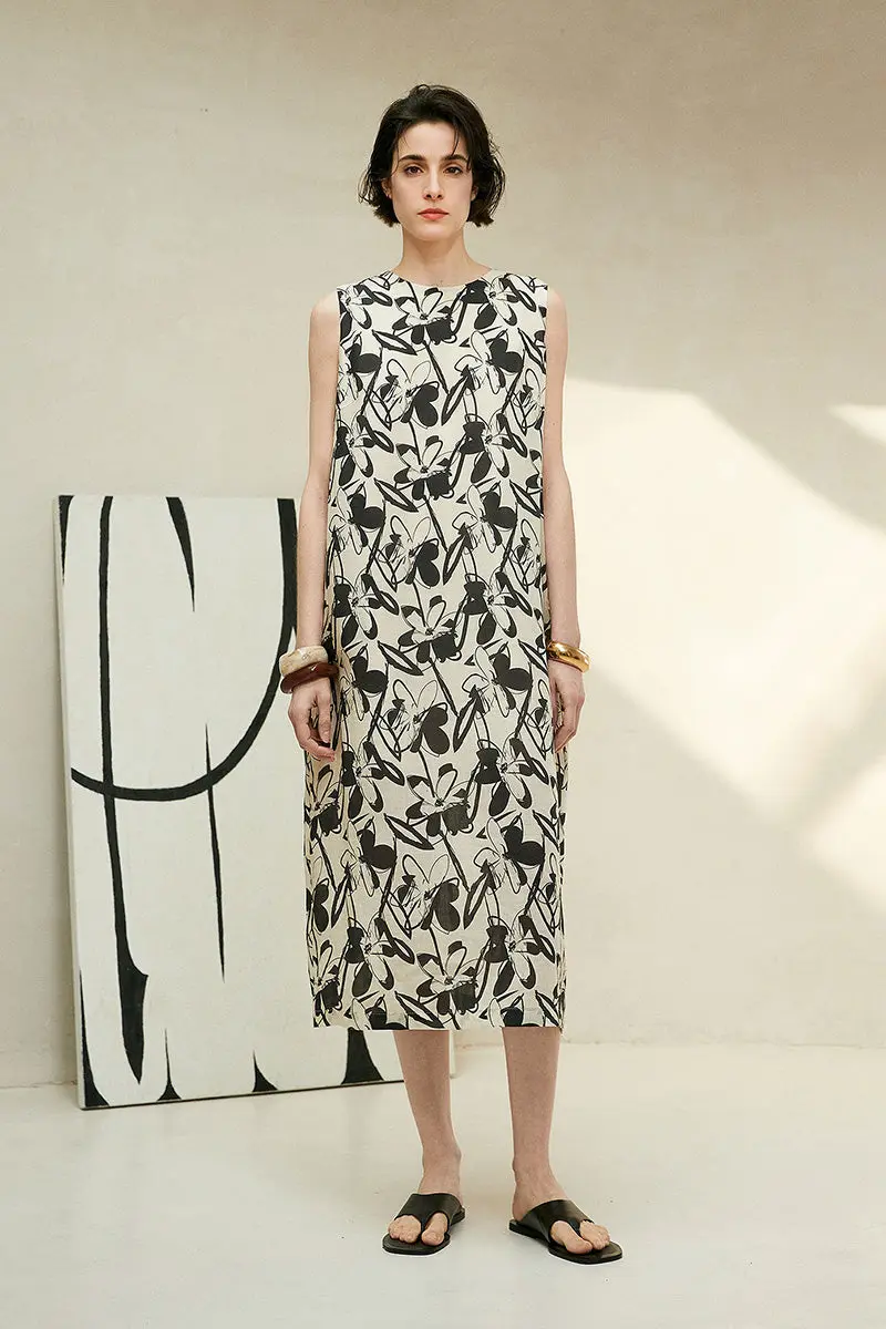 Vintage Floral Sleeveless Midi Shift Dress in Ramie - HBQMJX