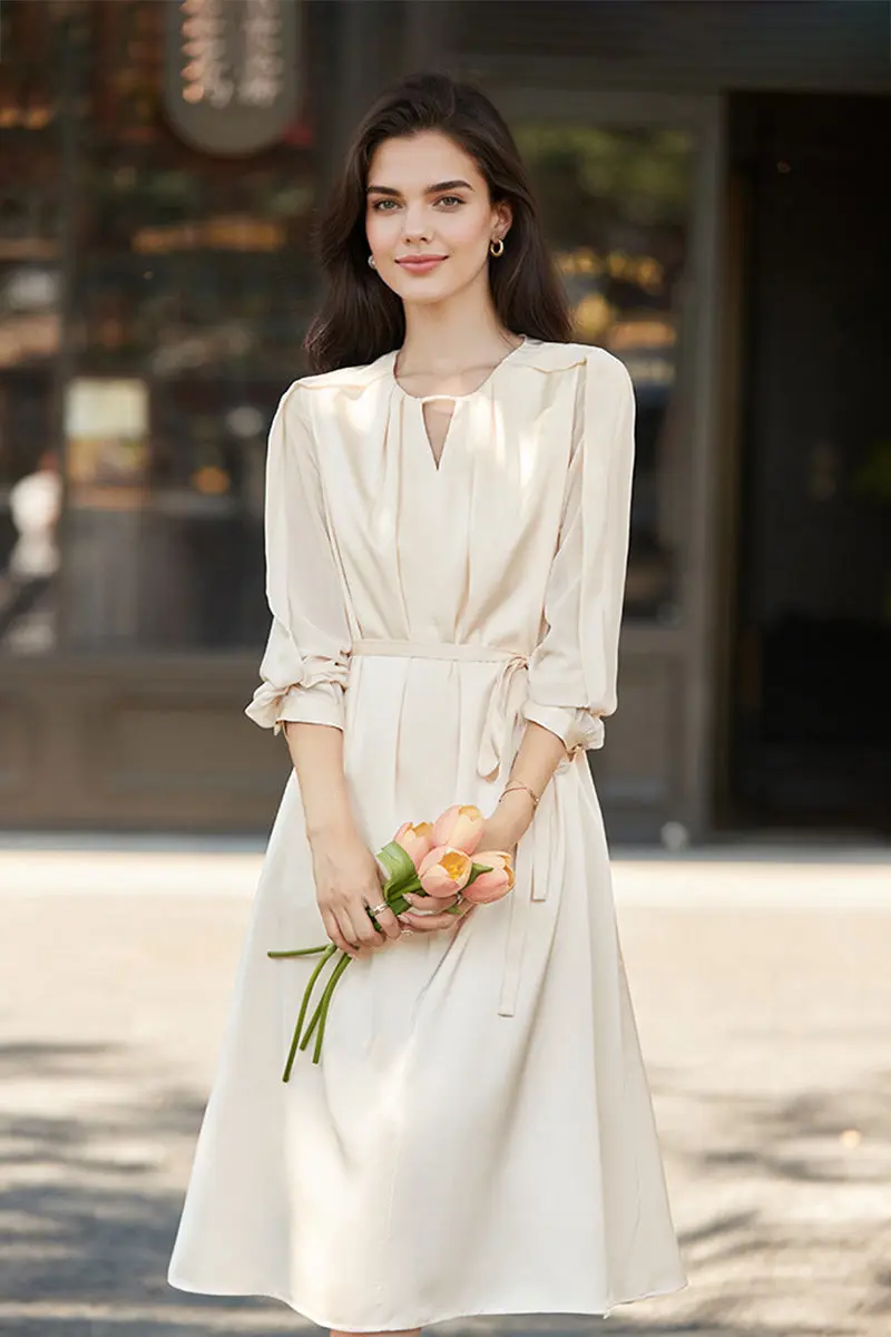 Triacetate Belted 3/4 Sleeve Keyhole Midi Dress - HBQMJX