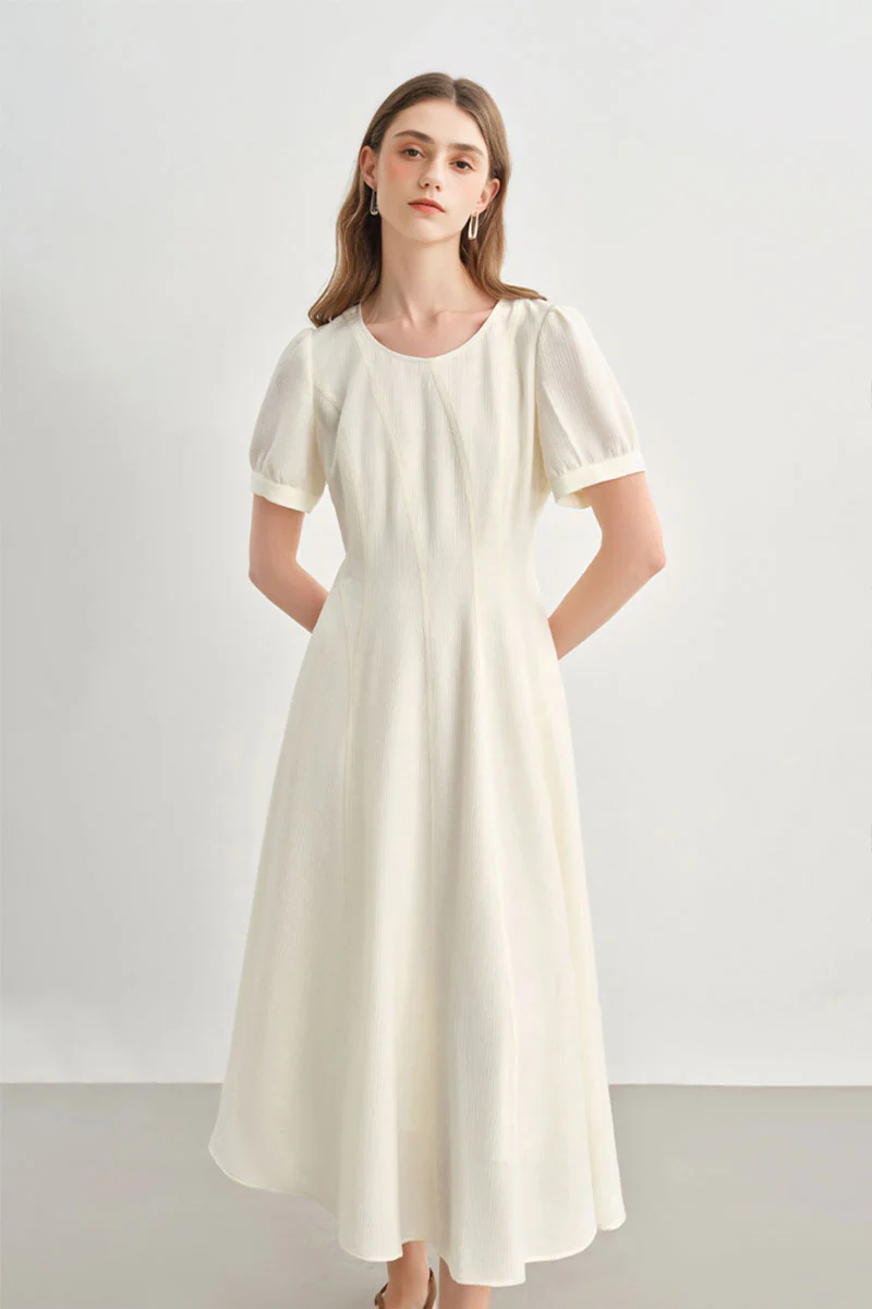 White Short-Sleeve A-Line Midi Dress - HBQMJX