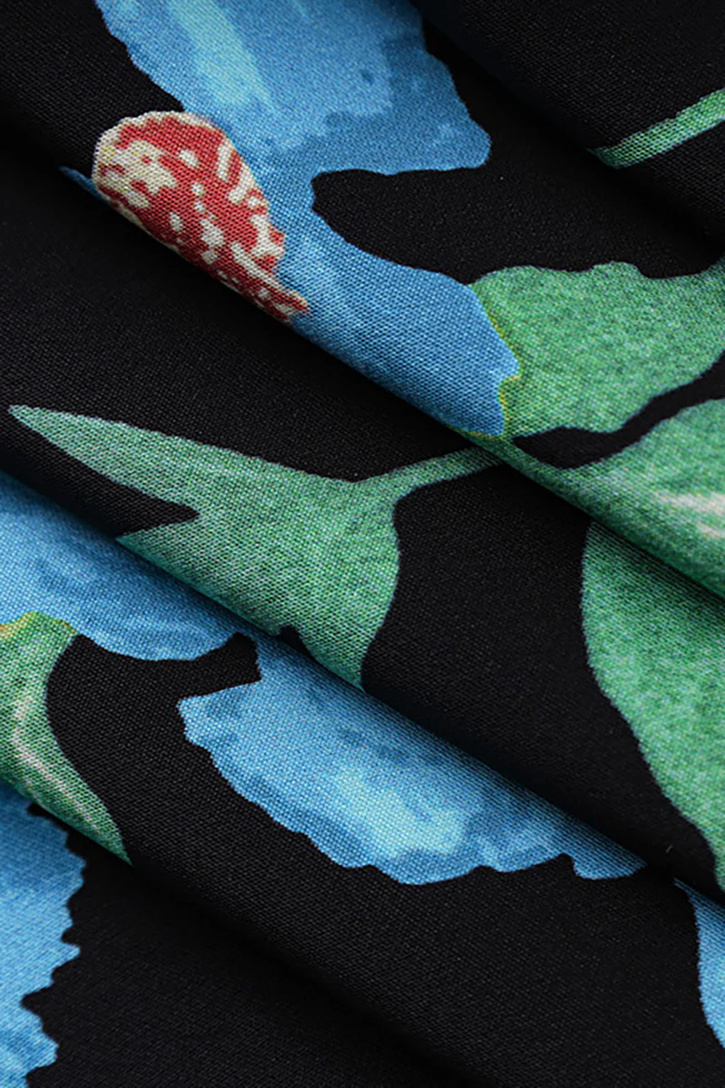 Blue Floral Sleeveless V-Neck Satin Midi Dress - HBQMJX