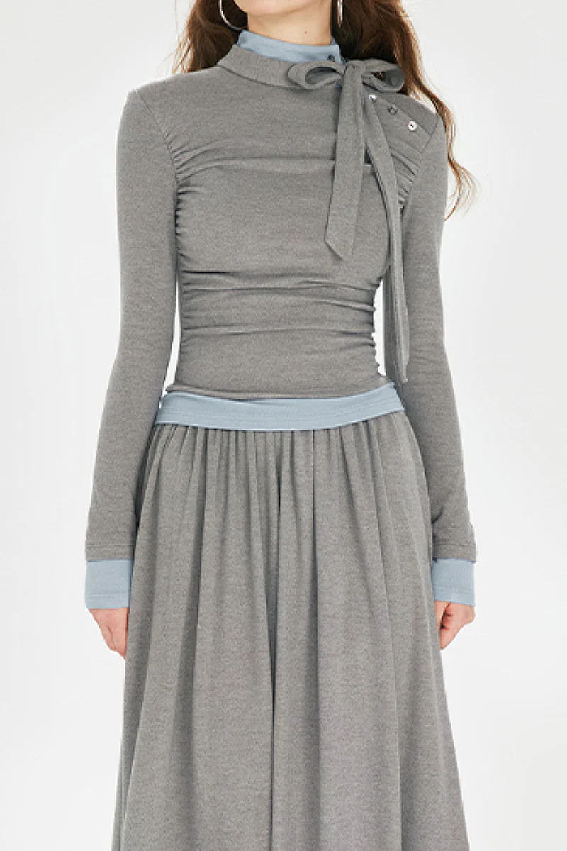 Long-Sleeve Ruched Fit & Flare Maxi Dress with Bow - HBQMJX