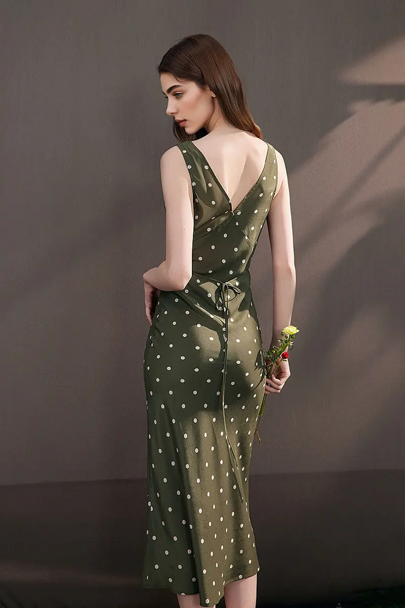 100 Silk Polka Dot Bias-Cut Midi Dress in Olive Green - HBQMJX