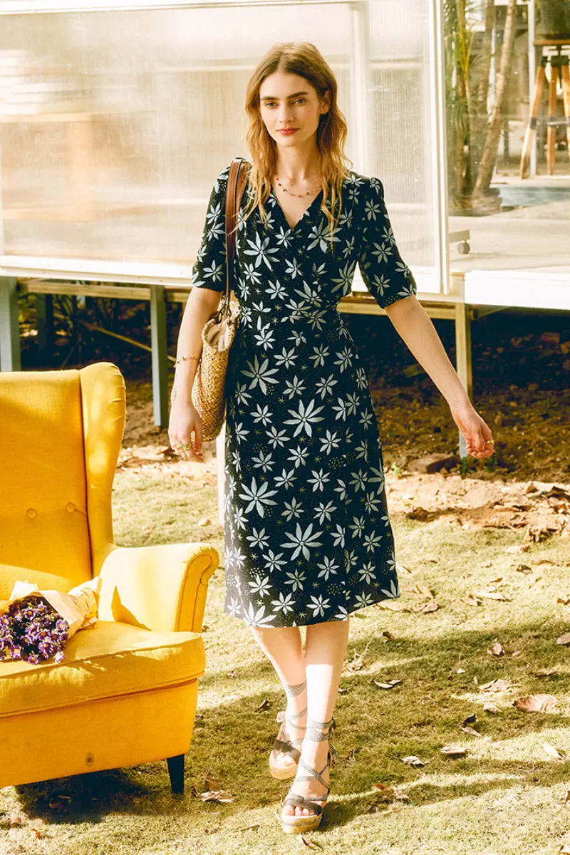 Floral Silk Double Crepe Wrap Midi Dress With Elbow Sleeves - HBQMJX