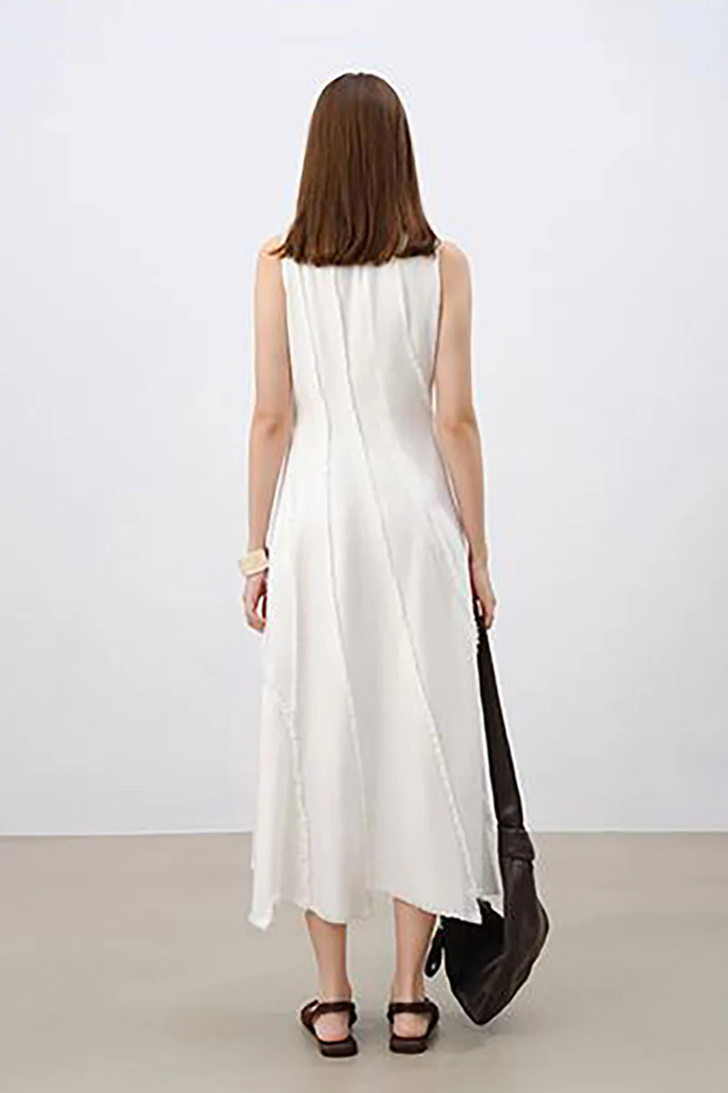 White A-Line Sleeveless Midi Dress with Raw Seams - HBQMJX