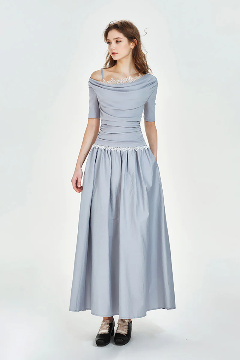 Blue Off-the-Shoulder Ruched Fit & Flare Maxi Dress - HBQMJX