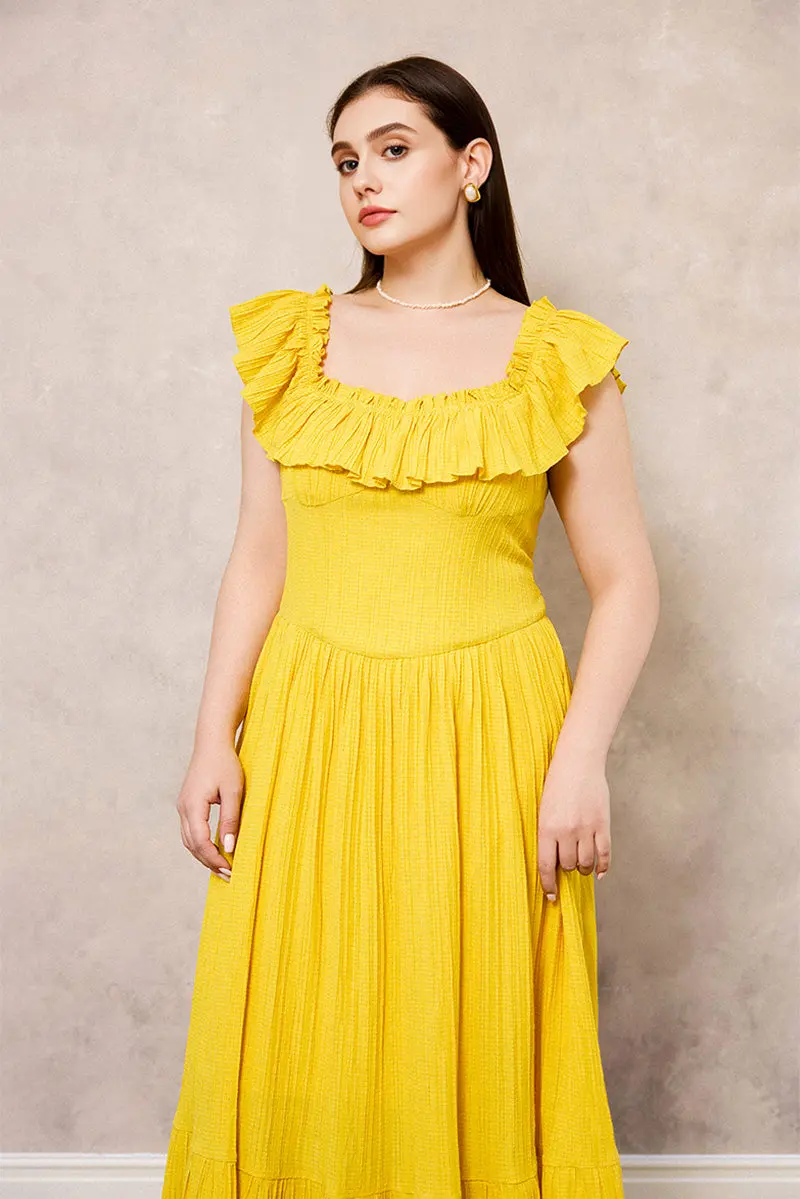 Yellow Off-the-Shoulder Ruffled Fit & Flare Midi Dress - HBQMJX