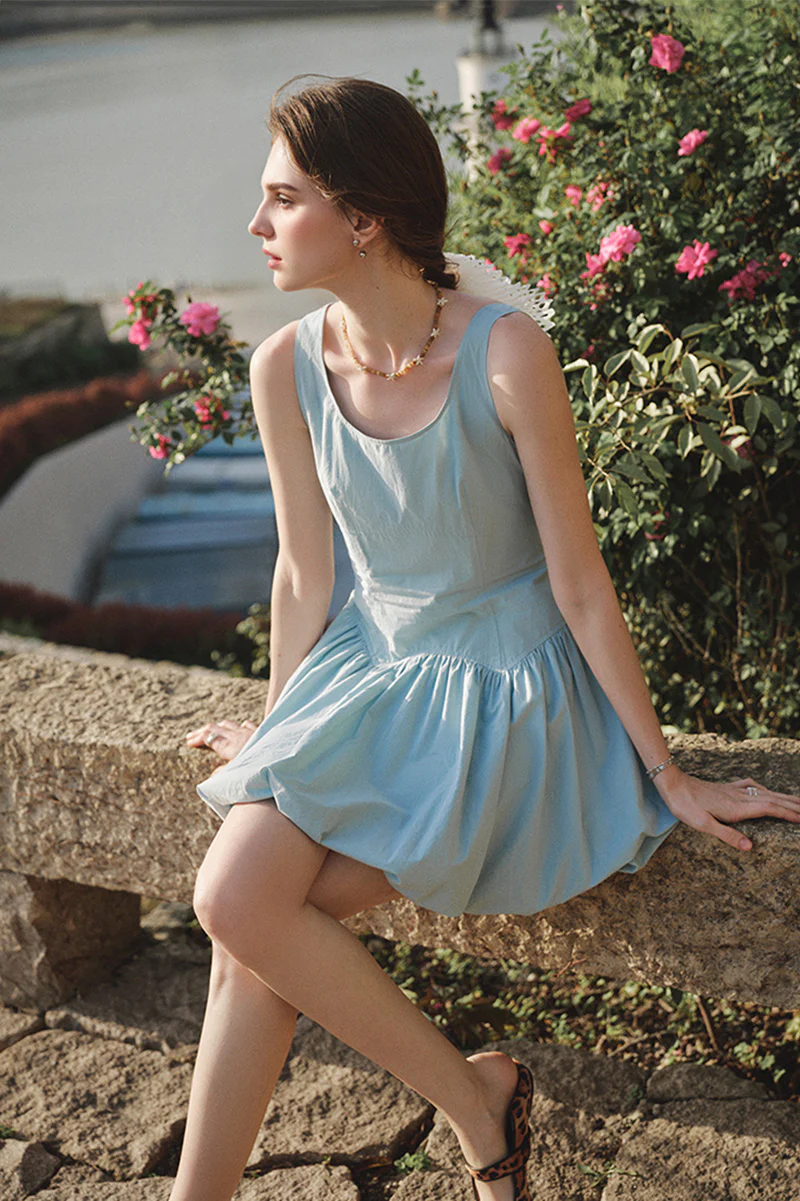 Baby Blue 100 Cotton Sleeveless Scoop-Neck Bubble Mini Dress - HBQMJX