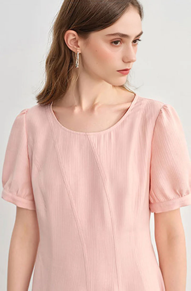 Pink Short-Sleeve A-Line Midi Dress - HBQMJX