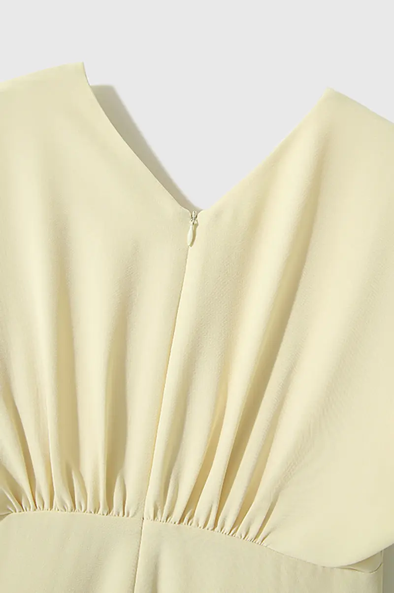 Yellow Triacetate V-Neck Gathered Waist Midi Dress - HBQMJX