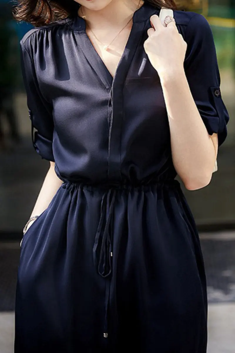 19 MM Silk Elbow-Sleeve Drawstring Waist Midi Dress - HBQMJX