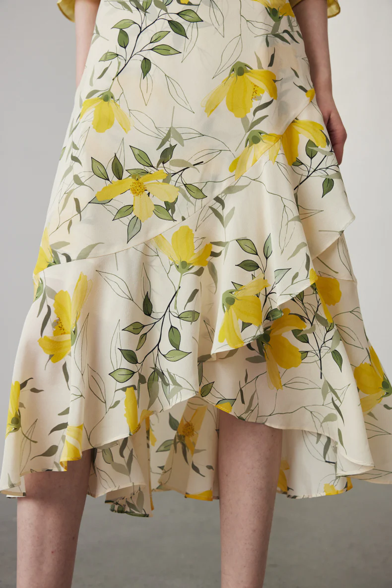 Asymmetric Silk Ruffled Floral Midi Skirt - HBQMJX