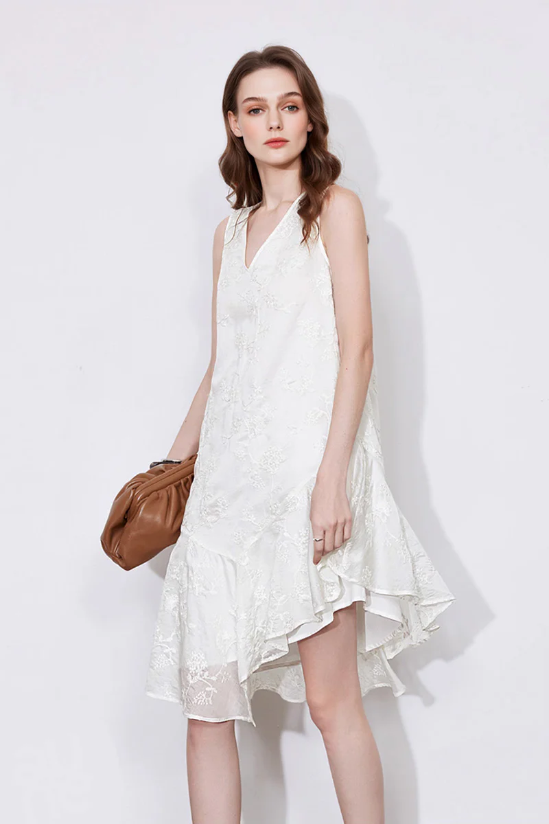 White Asymmetrical Heavy-Embroidery Sleeveless Midi Dress in Lyocell - HBQMJX