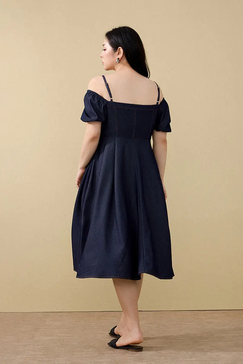 Denim-Inspired Off-Shoulder A-Line Midi Dress with Decorative Buttons - HBQMJX