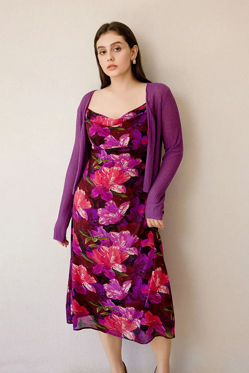 Chiffon Floral Cowl-Neck Midi Slip Dress in Purple - HBQMJX