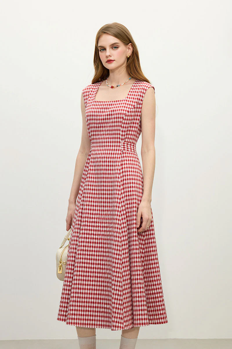 Red Gingham A-Line Midi Dress with Back Tie - HBQMJX