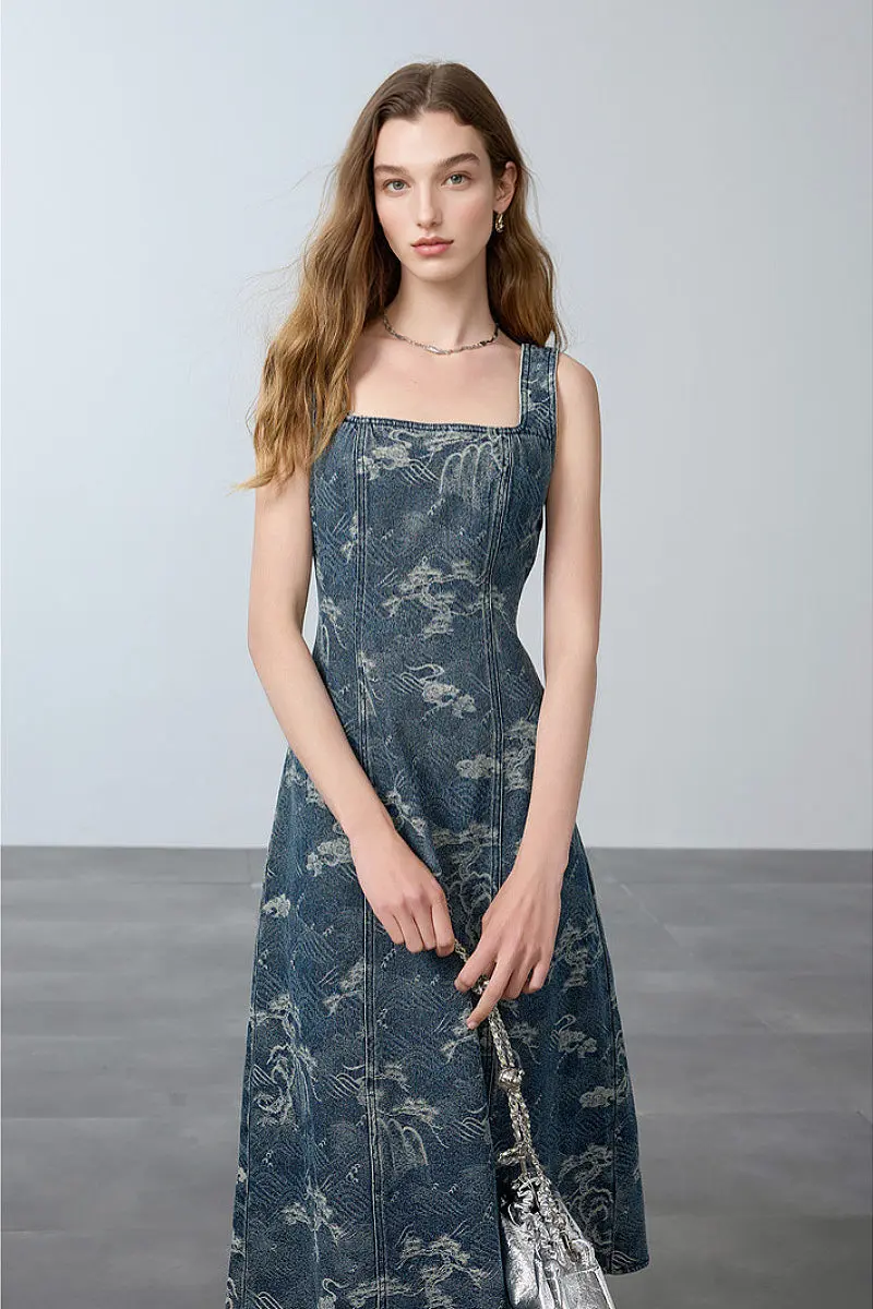 Denim Jacquard Square-Neck A-Line Midi Dress - HBQMJX