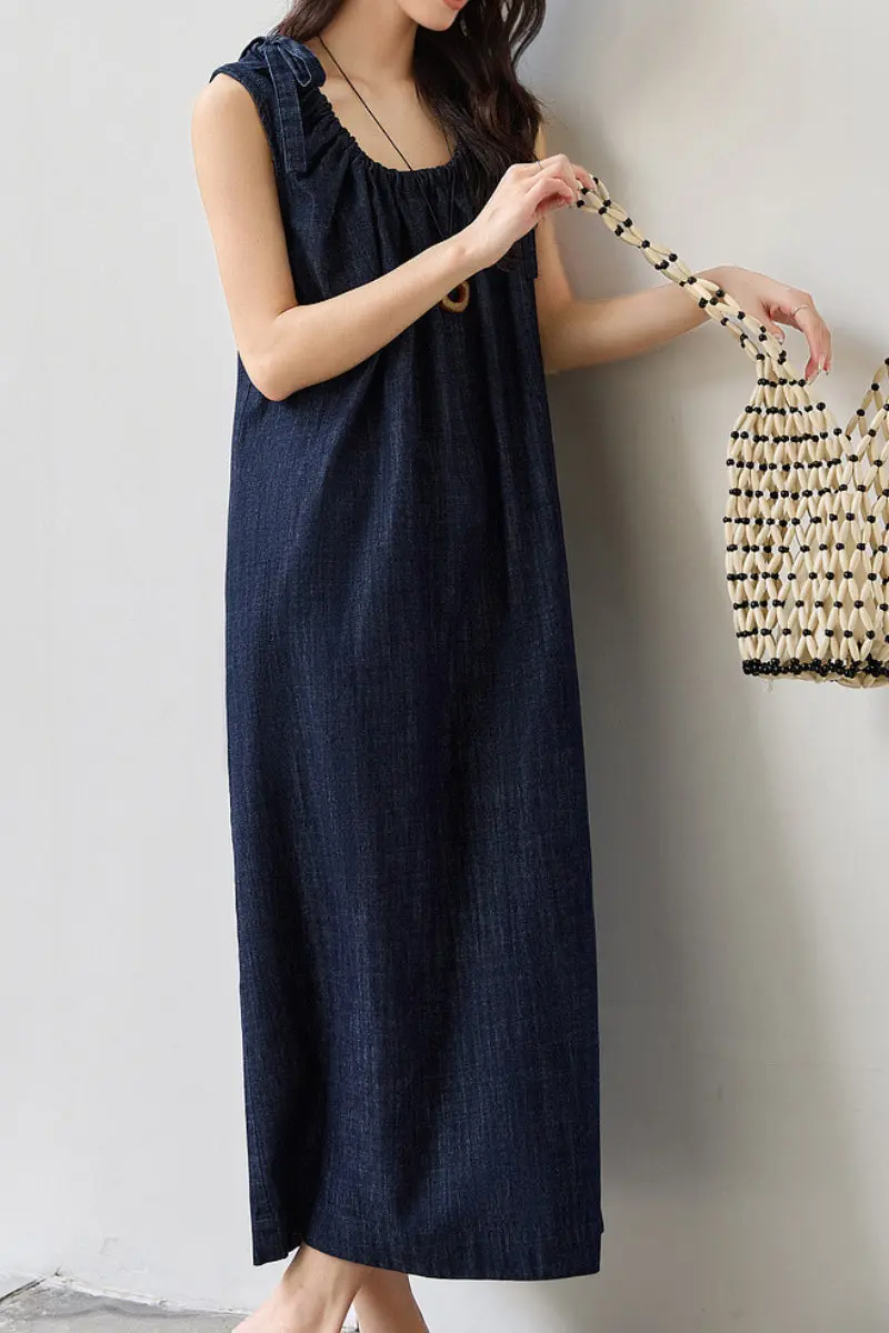 Denim Trapeze Tie-Strap Midi Dress - HBQMJX