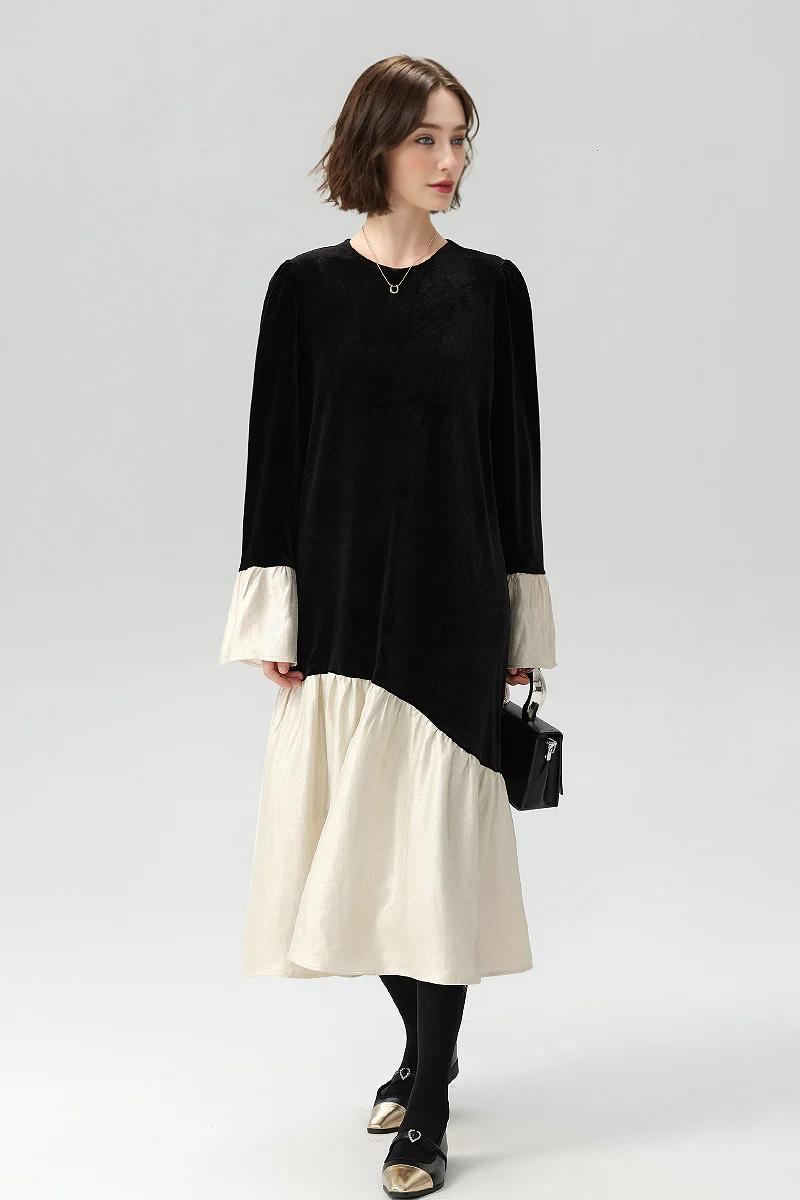 Asymmetric Patchwork Long-Sleeve Velvet Dress - HBQMJX