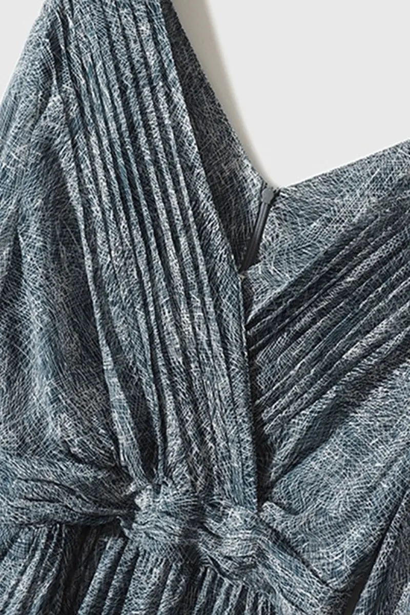 100 Mulberry Silk Blue Long-Sleeve Hand Pleated Midi Dress - HBQMJX