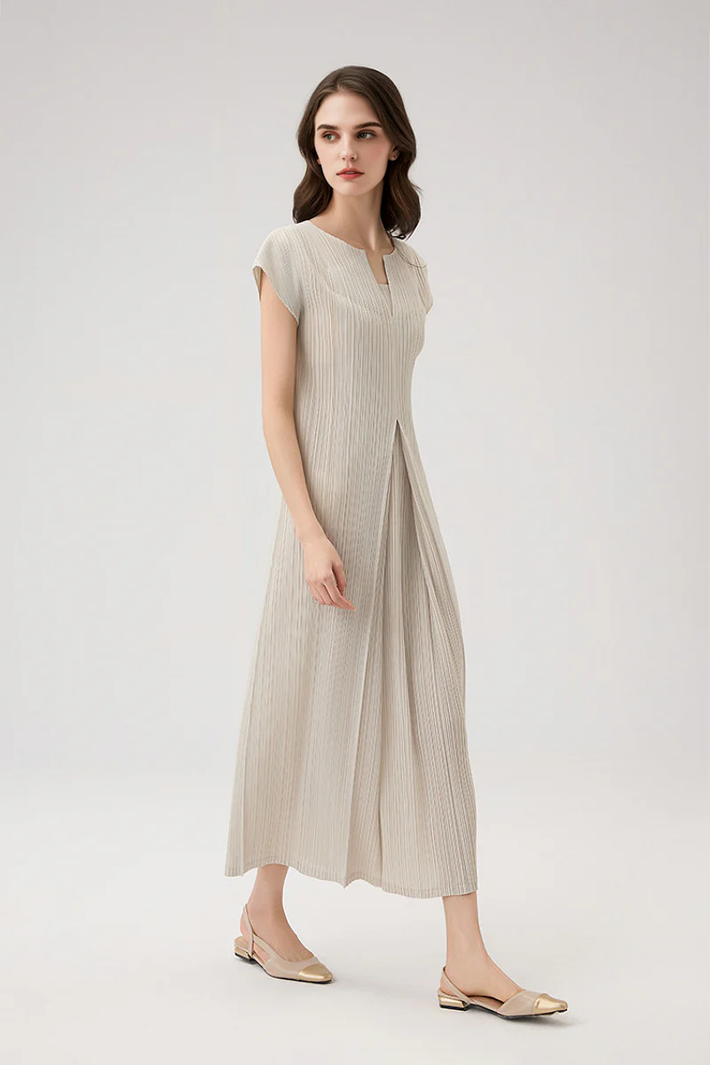 Designer Inspired Pleated Cap-Sleeve Midi Dress - HBQMJX