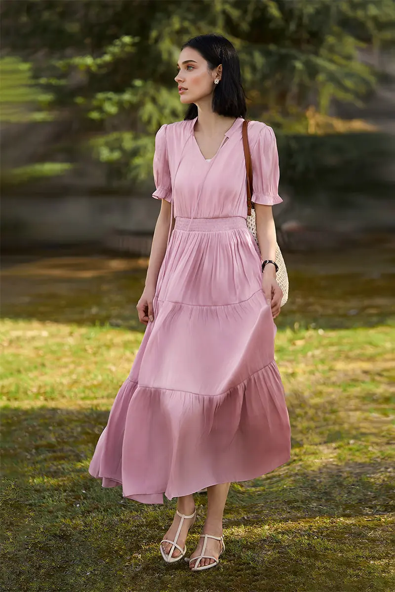 Pink Silky Tiered Puff-Sleeve Maxi Dress - HBQMJX
