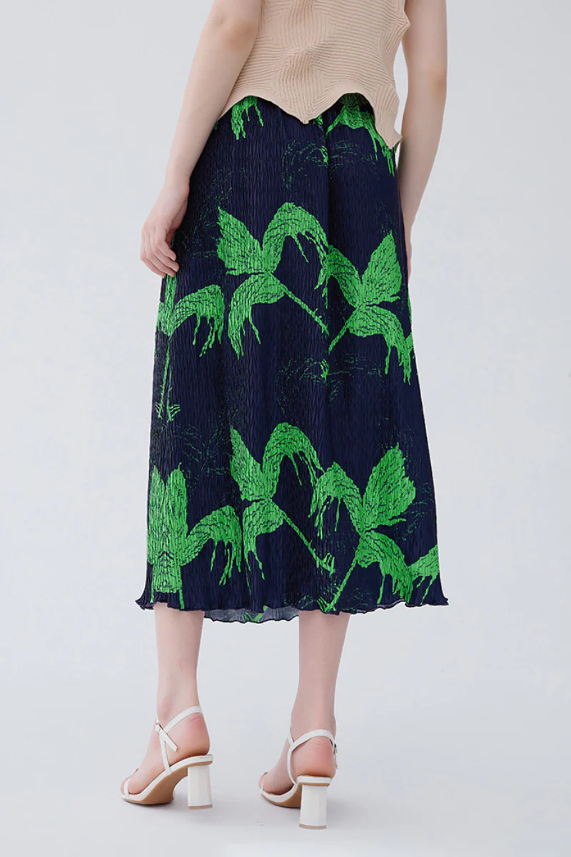 Designer Inspired Pleated Leaf Print Straight Midi Skirt - HBQMJX