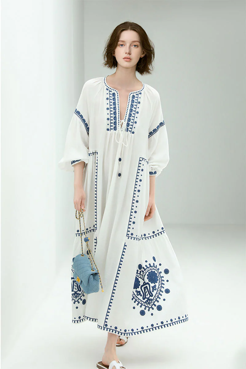Boho Embroidered Long-Sleeve Split-Neck Maxi Dress - HBQMJX