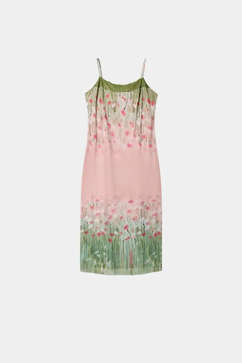 Floral Lace Mesh Slip Midi Dress with Side Slit - HBQMJX