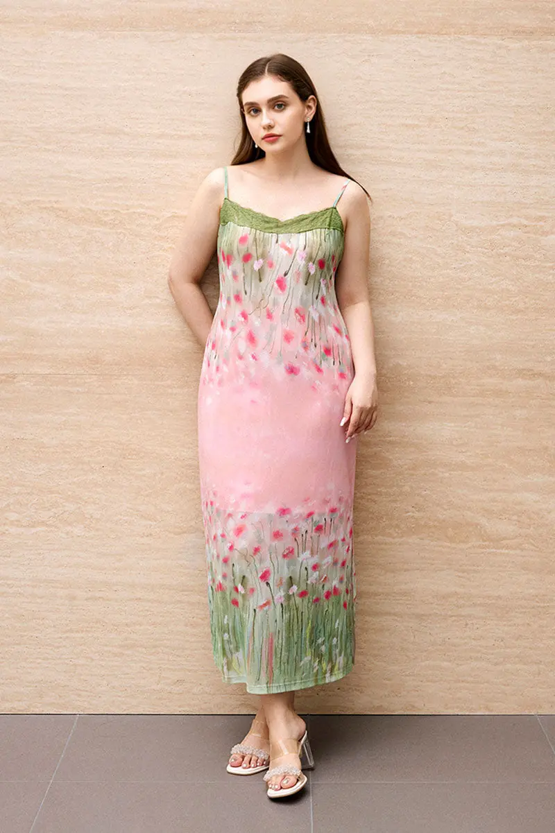 Floral Lace Mesh Slip Midi Dress with Side Slit - HBQMJX