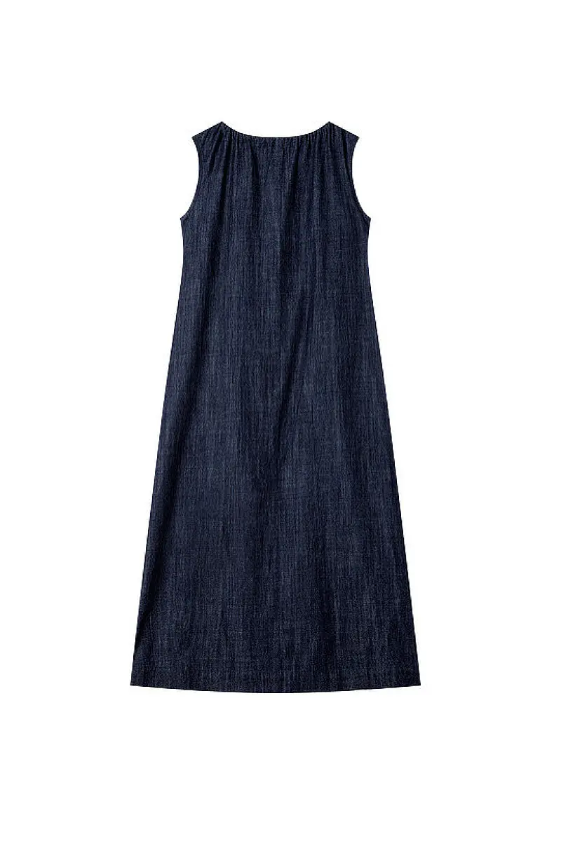 Denim Trapeze Tie-Strap Midi Dress - HBQMJX