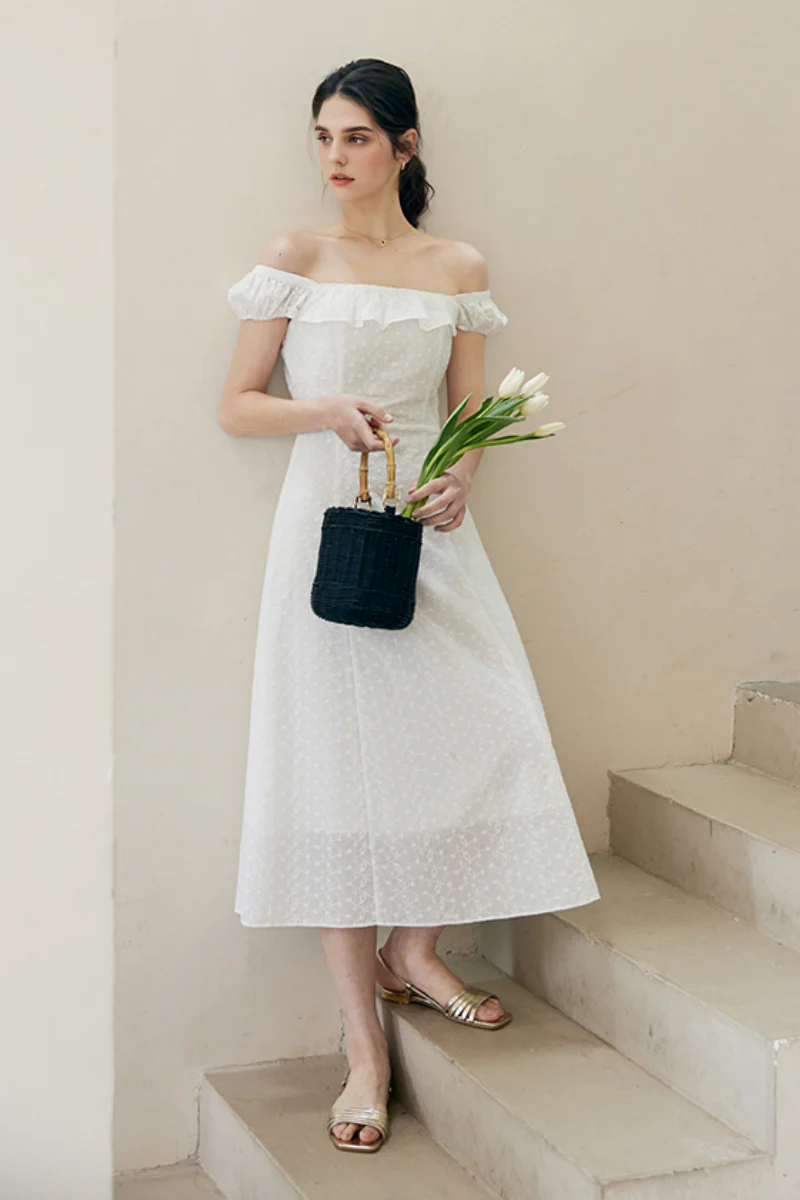 White Cotton Embroidery Off-Shoulder Midi Dress - HBQMJX