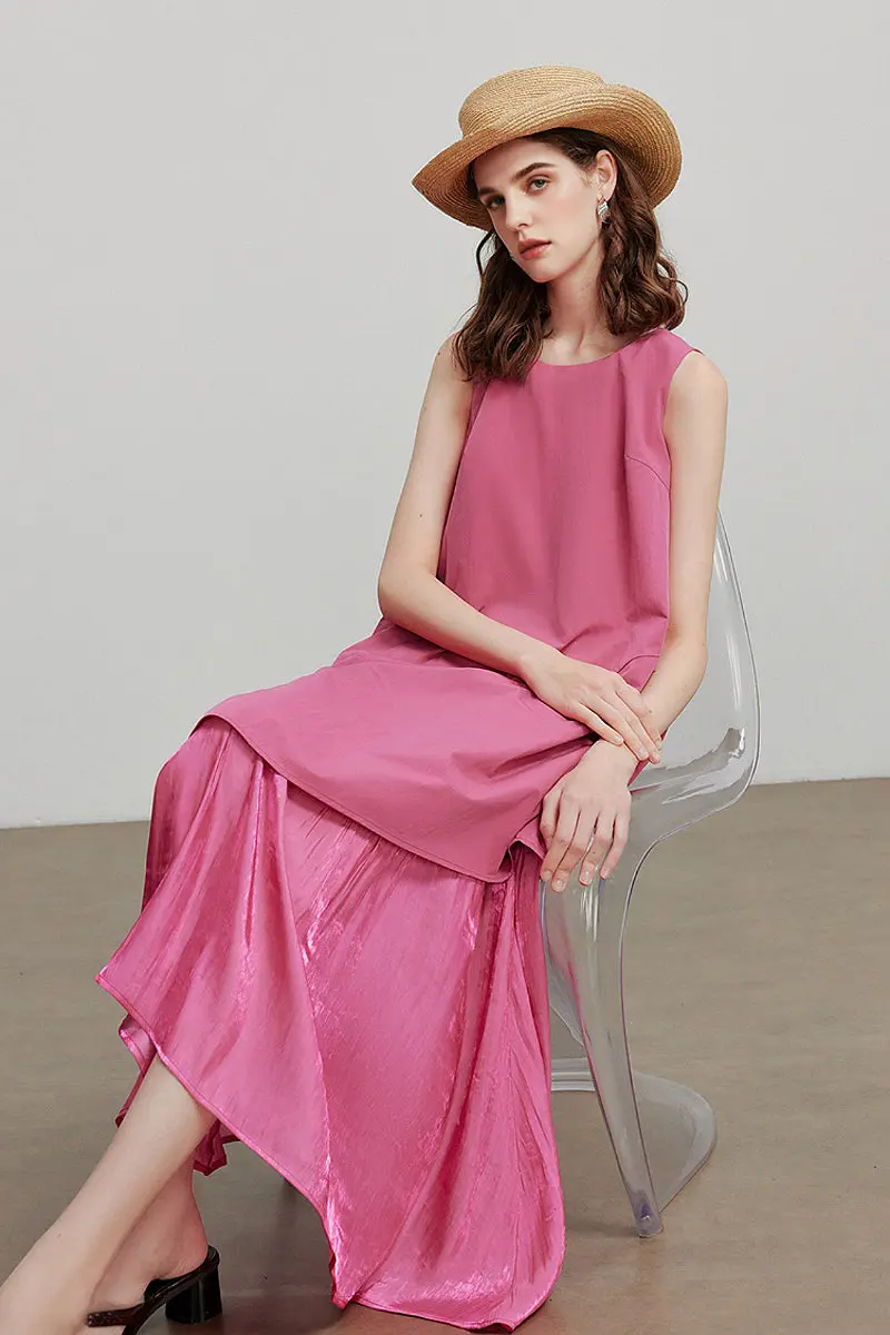 Pink Flowy Asymmetrical Sleeveless Trapeze Midi Dress - HBQMJX