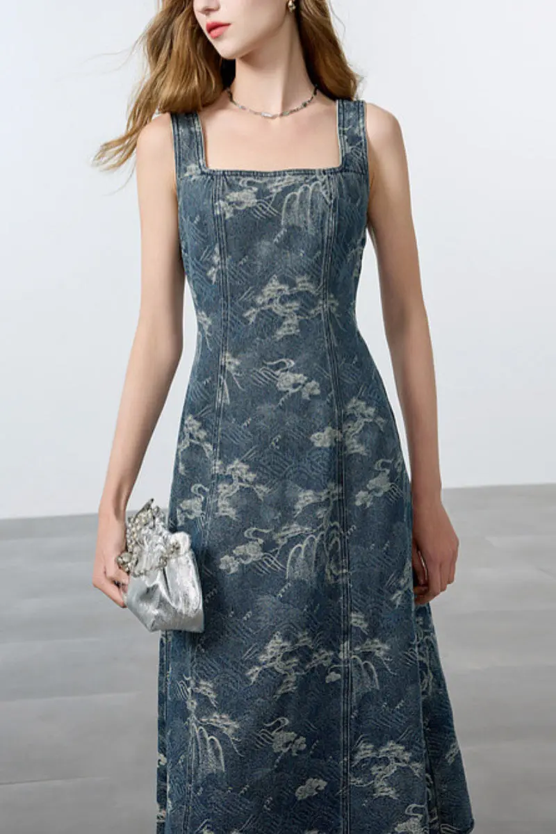 Denim Jacquard Square-Neck A-Line Midi Dress - HBQMJX