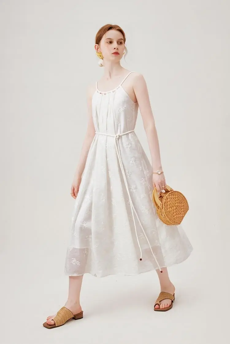 White Flowy Halter Embroidered Dress - HBQMJX