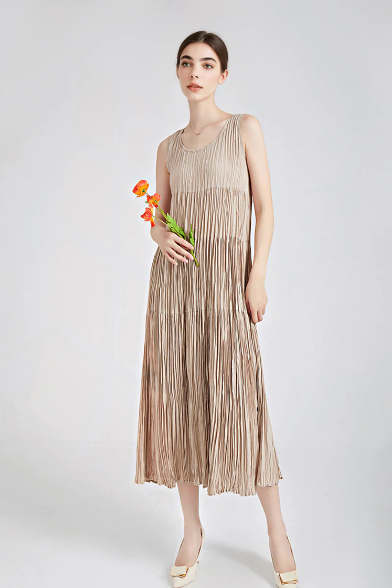 Designer Inspired Pleated Sleeveless Midi Dress - HBQMJX