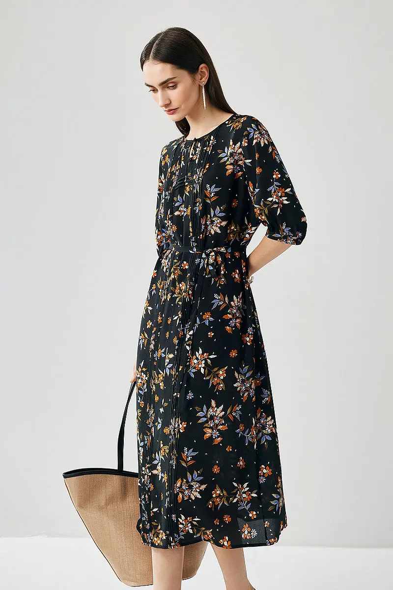100 Silk Floral Double Crepe Midi Dress - HBQMJX