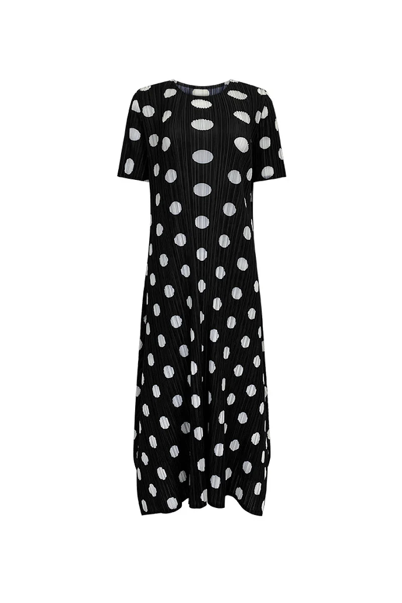 Designer Inspired Pleated Polka Dot Midi Dress - HBQMJX