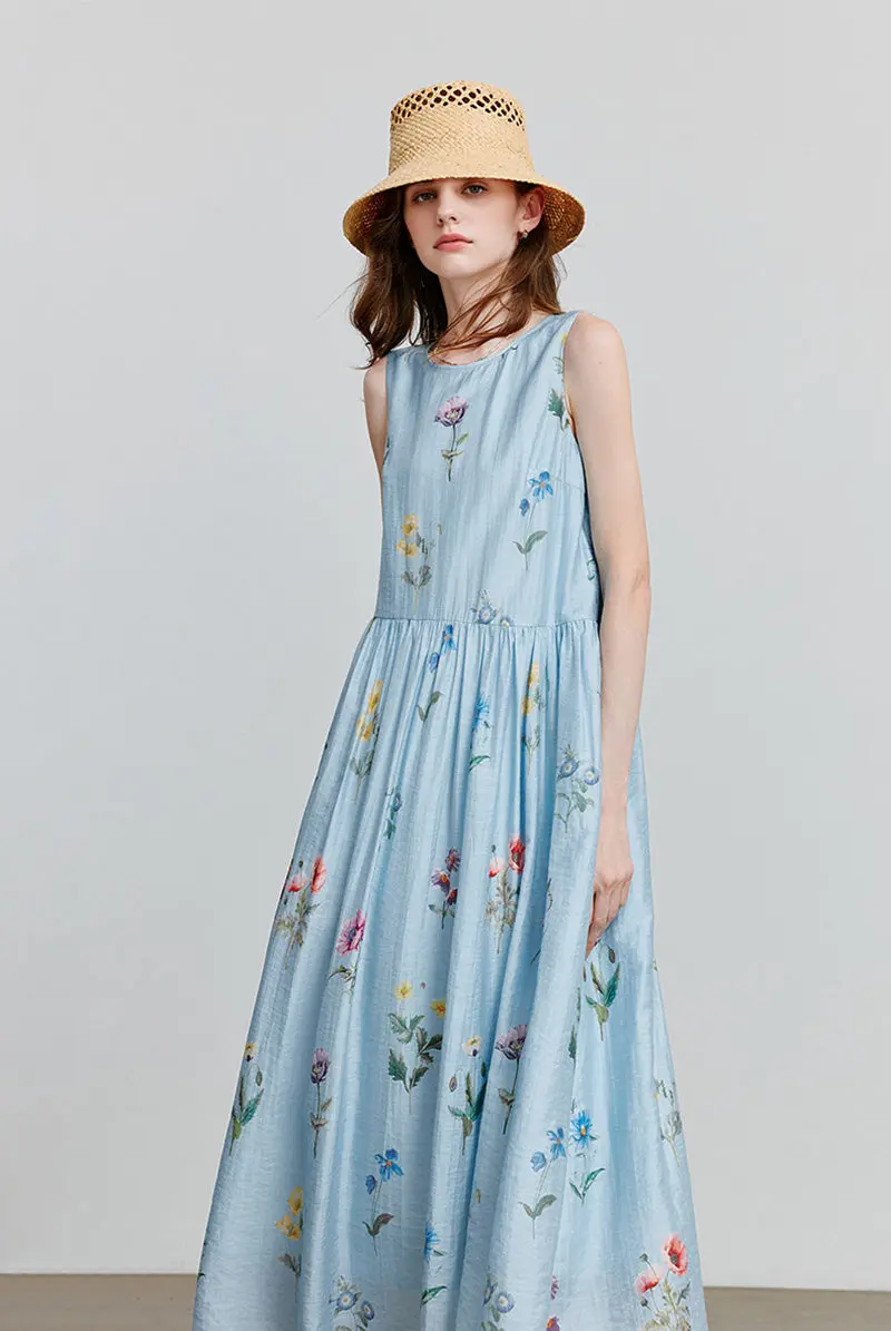 Blue Floral Linen Sleeveless Fit & Flare Midi Dress - HBQMJX