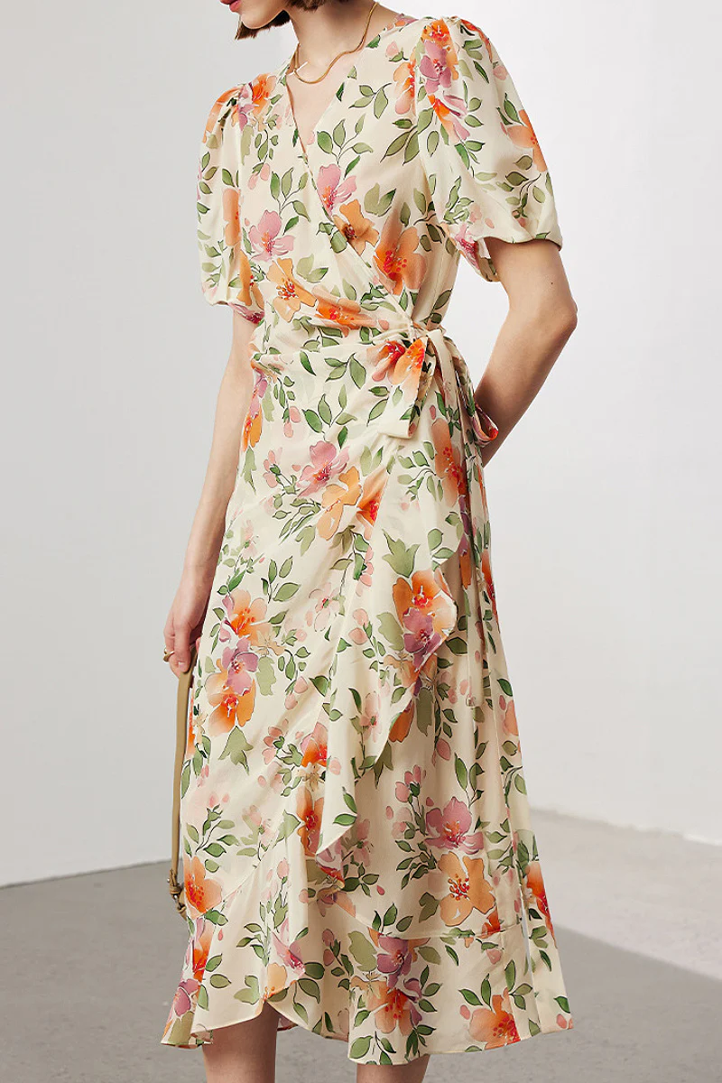 100 Mulberry Silk Floral Puff-Sleeve V-Neck Ruffle Wrap Midi Dress - HBQMJX