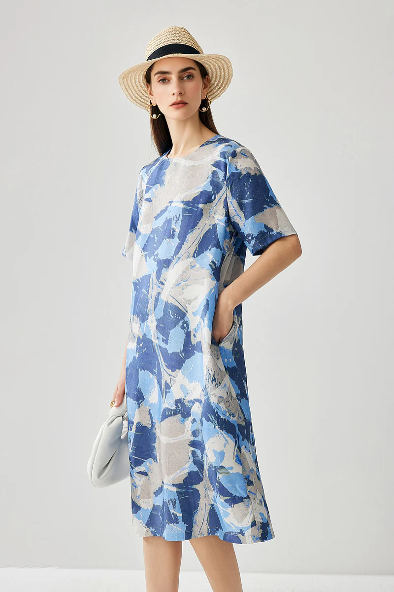 100% Silk Floral Midi Shift Dress with Pockets in Blue - HBQMJX