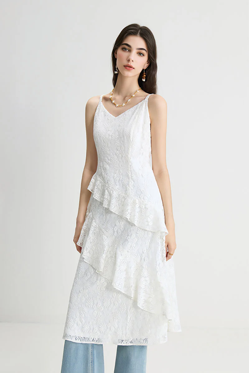 White Lace Tiered Sleeveless V-Neck Midi Dress - HBQMJX