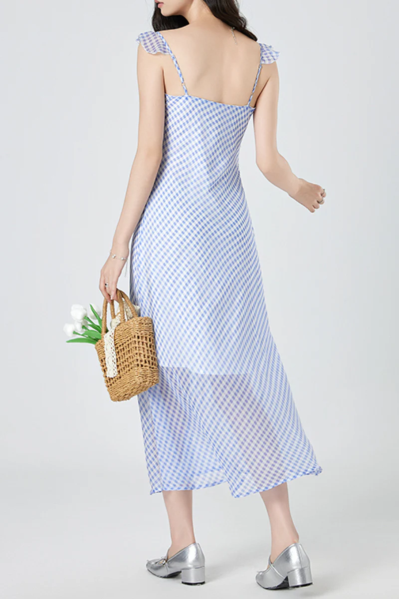 Picnic Gingham Tie-Front Ruffle-Neck Midi Dress - HBQMJX