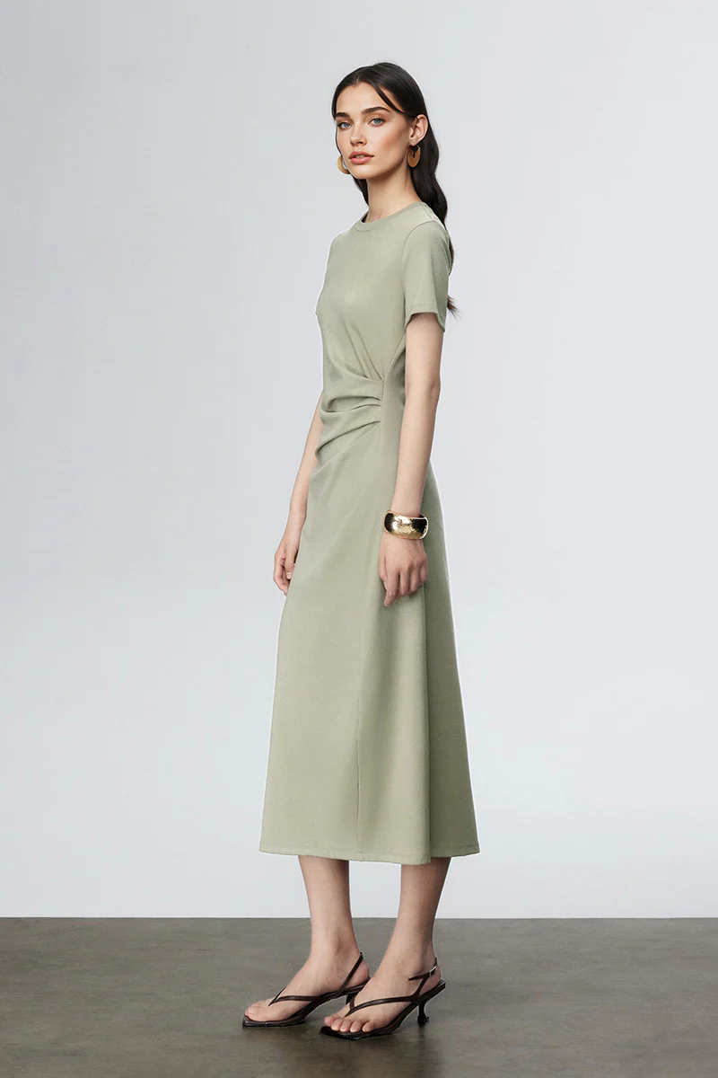Sage Green Ruched-Waist T-Shirt Midi Dress - HBQMJX