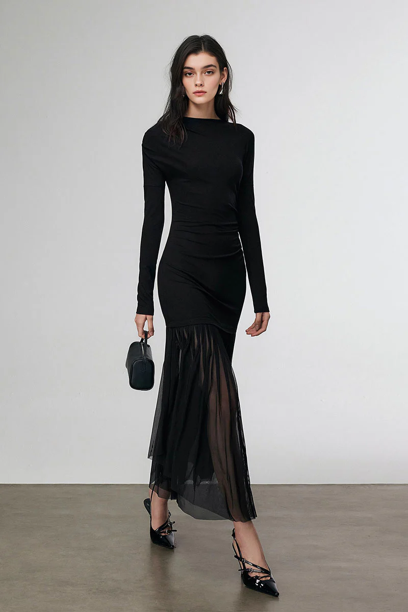 Asymmetric Draped Mesh Maxi Dress with Sleeves - HBQMJX