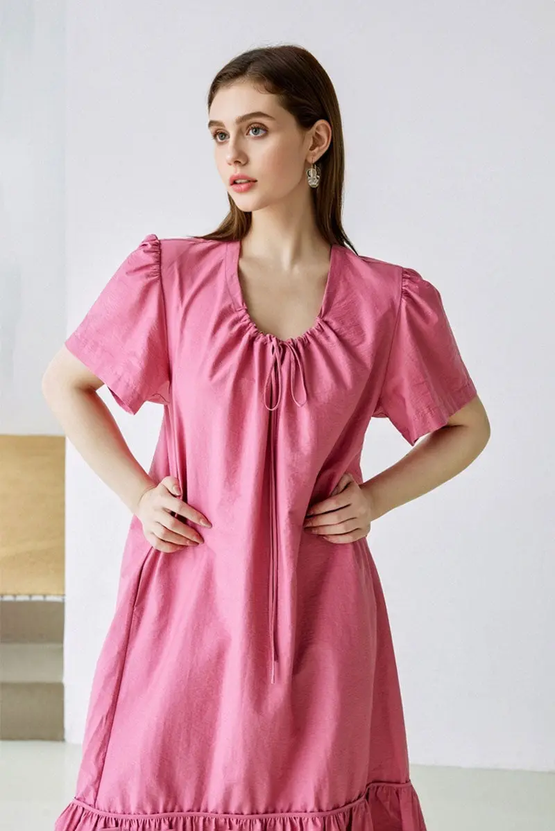 Pink Tiered Trapeze Tie-Neck Midi Dress - HBQMJX