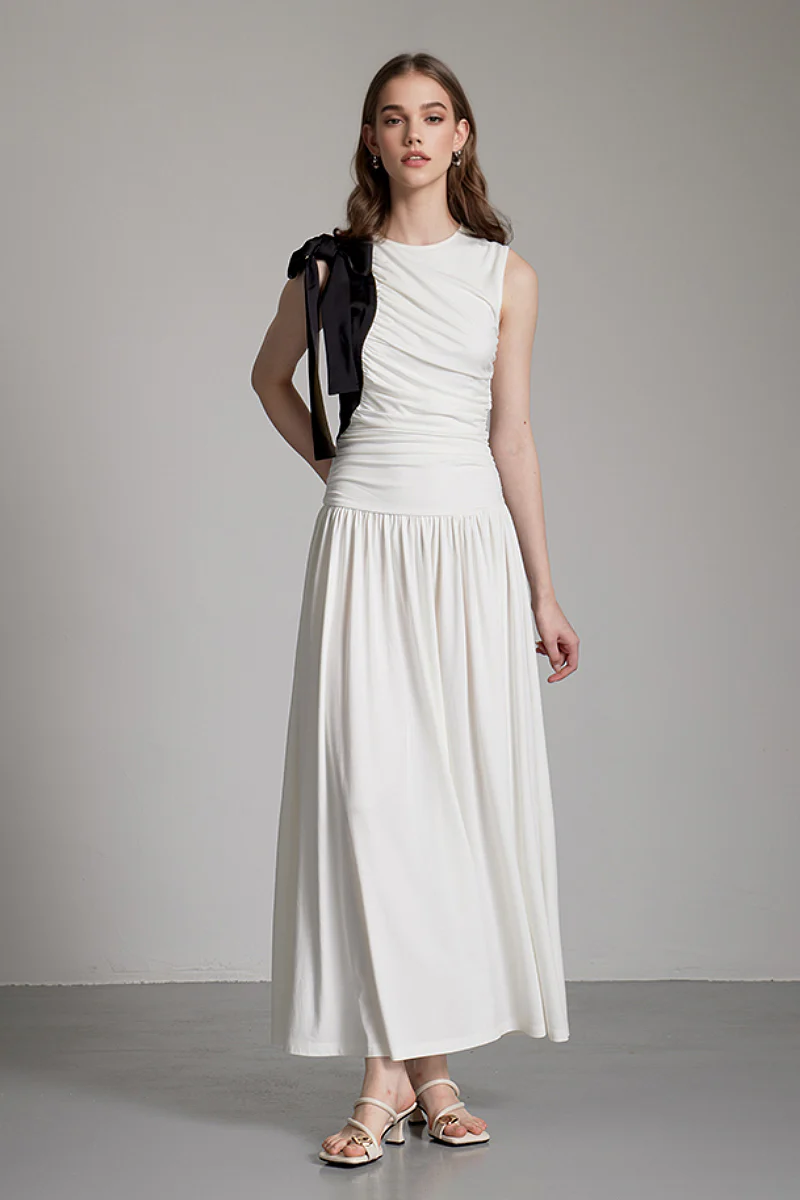 Sleeveless One-Shoulder-Tie Ruched Maxi Dress - HBQMJX