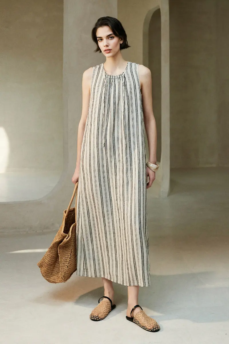 100 French Linen Striped Sleeveless Maxi Dress - HBQMJX