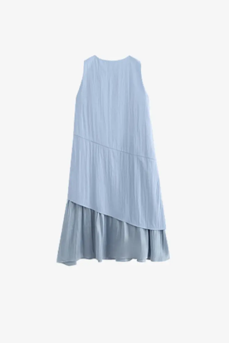 Blue Flowy Asymmetrical Sleeveless Trapeze Midi Dress - HBQMJX